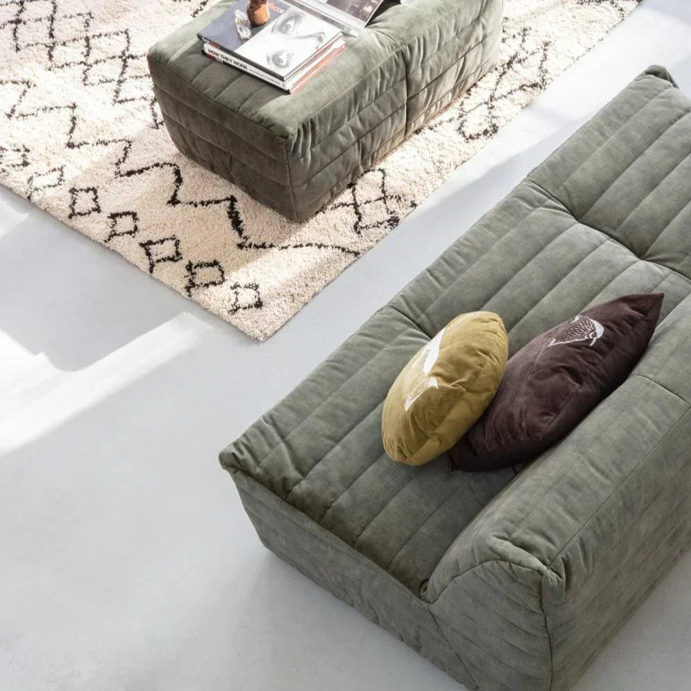 Modern olive green sofa and ottoman on patterned rug, with accent pillows in bright living room