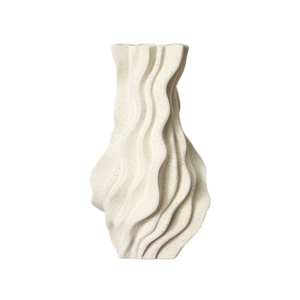 Textured ceramic vase with wavy, sculpted design and matte cream finish