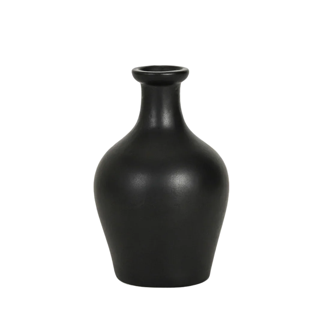 Matte black ceramic vase with narrow neck and rounded body, minimalist home decor