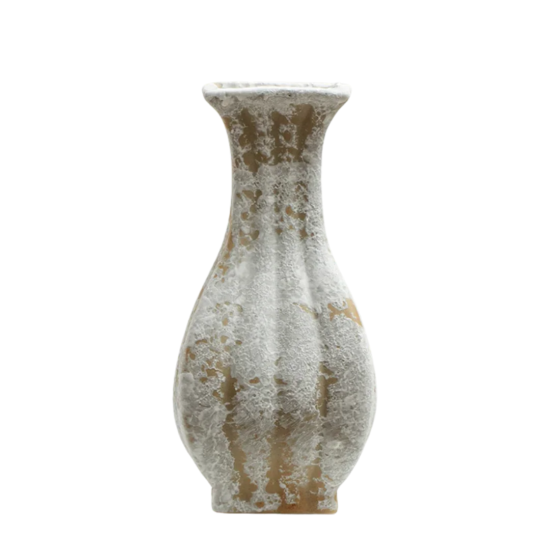 Textured ceramic vase with flared rim and rustic gray and brown finish
