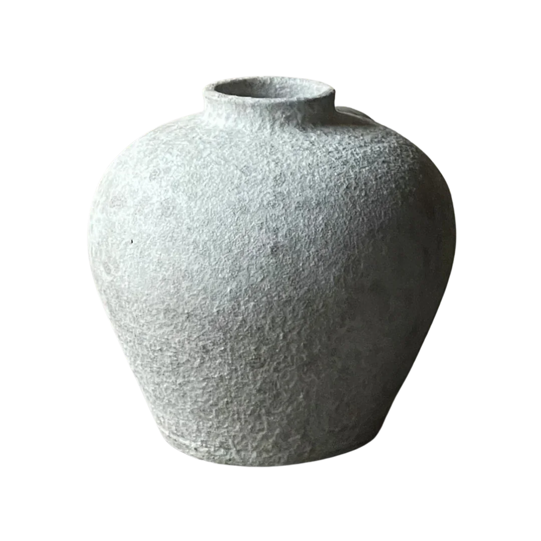 Textured gray ceramic vase with wide round body and narrow opening, minimalist home decor