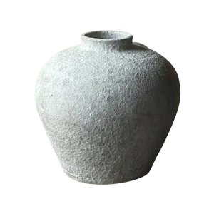 Textured gray ceramic vase with wide round body and narrow opening, minimalist home decor