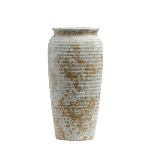 Tall ceramic vase with textured beige and white glaze on a black background