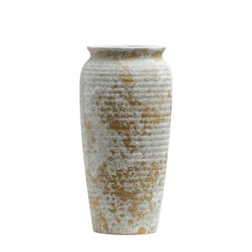 Tall ceramic vase with textured beige and white glaze on a black background