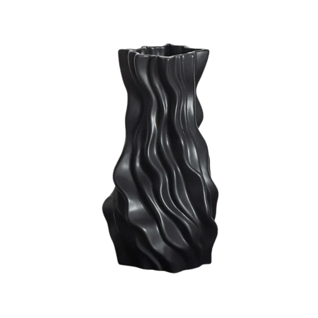 Modern black ceramic vase with wavy sculpted ridges, minimalist home decor