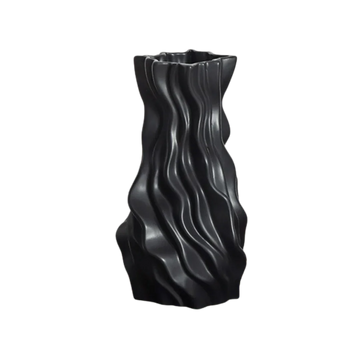Modern black ceramic vase with wavy sculpted ridges, minimalist home decor