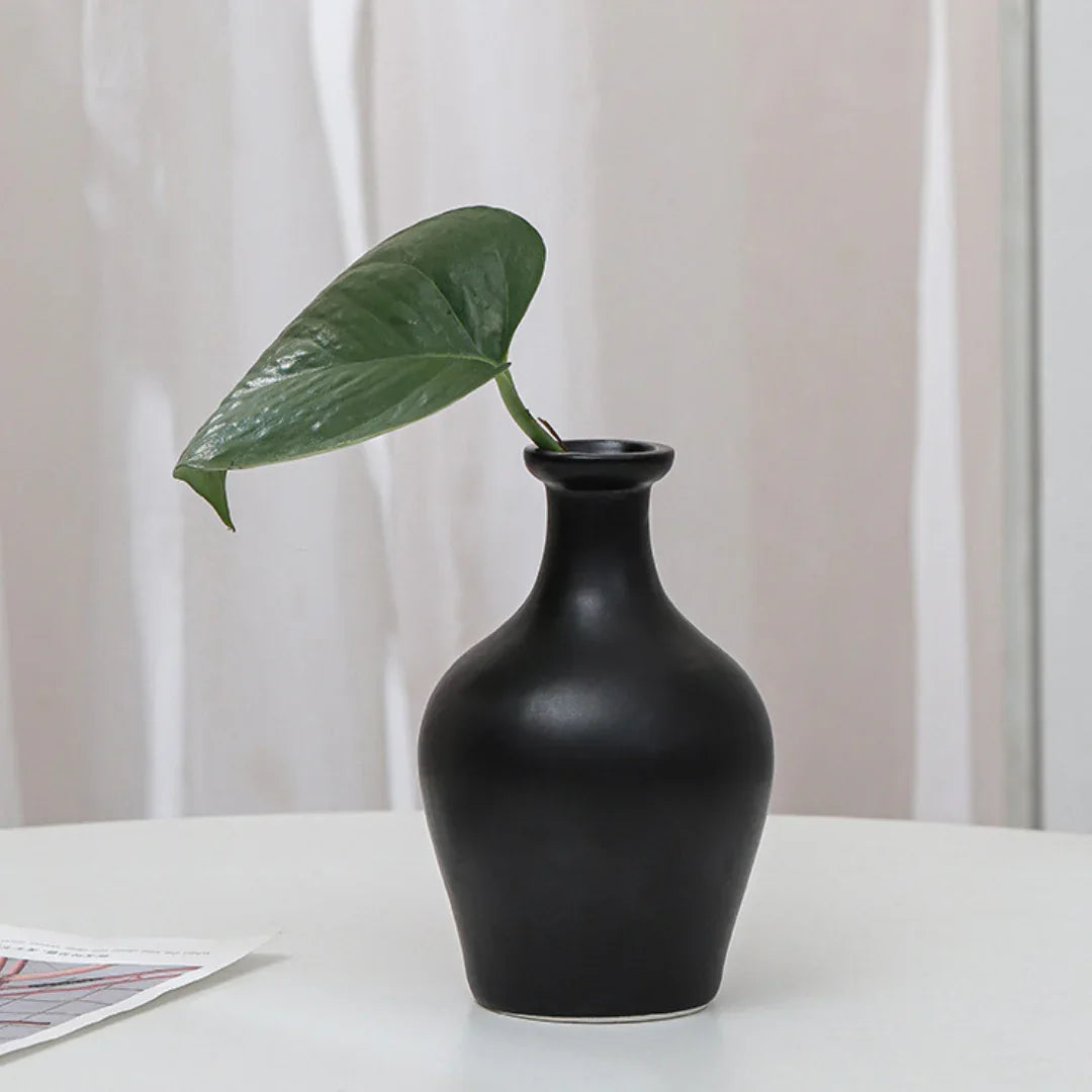 Minimalist black ceramic vase with green leaf on white table, modern home decor