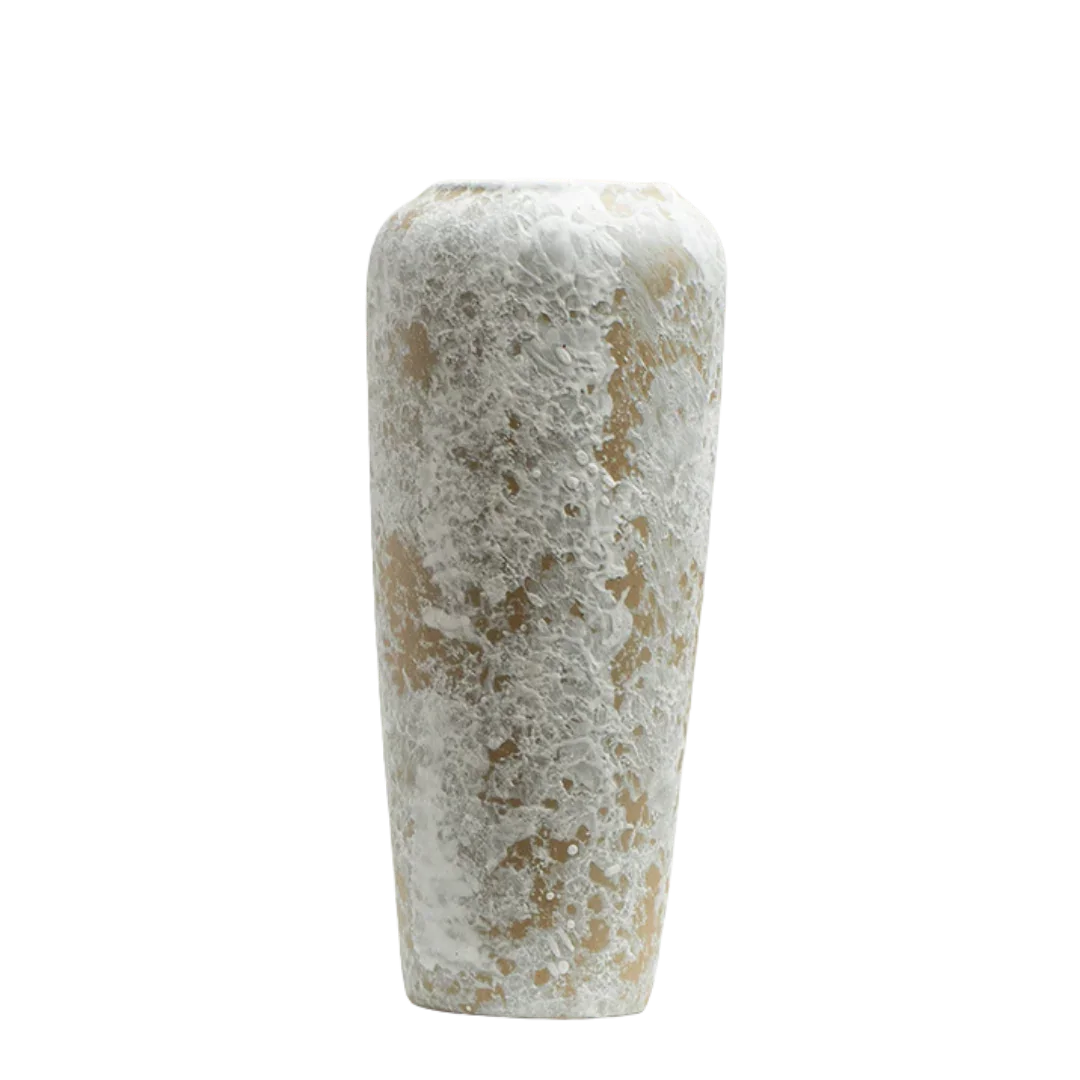 Tall ceramic vase with textured white and beige glaze on a black background