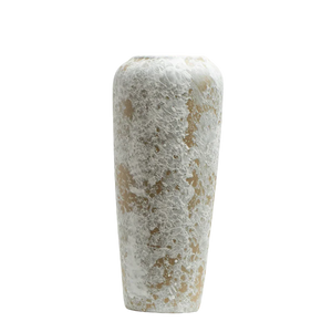 Tall ceramic vase with textured white and beige glaze on a black background