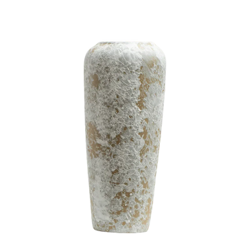Tall ceramic vase with textured white and beige glaze on a black background