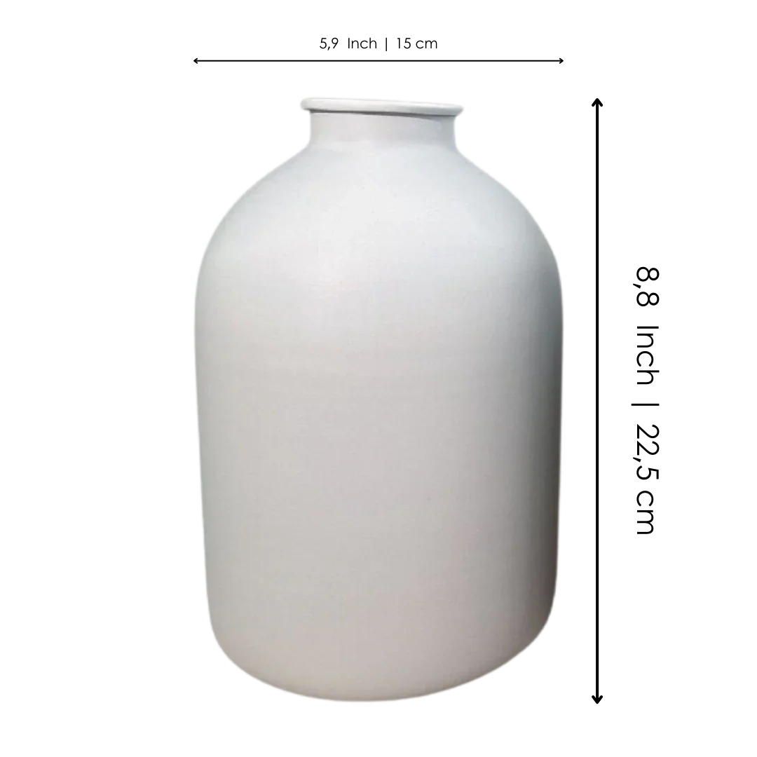 Large matte white ceramic vase with rounded body and narrow neck on plain background