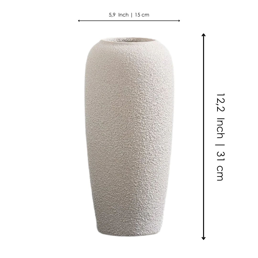 Tall textured beige ceramic vase with matte finish, minimalist modern home decor