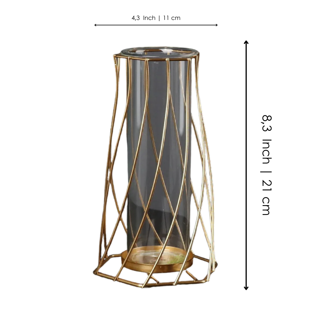 Modern glass vase with gold wire geometric frame on black background