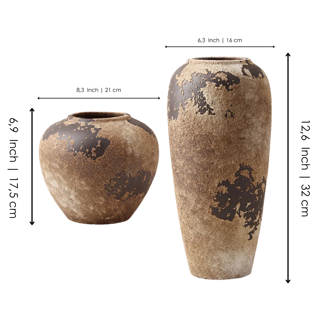 Set of two rustic brown ceramic vases with textured, weathered finish