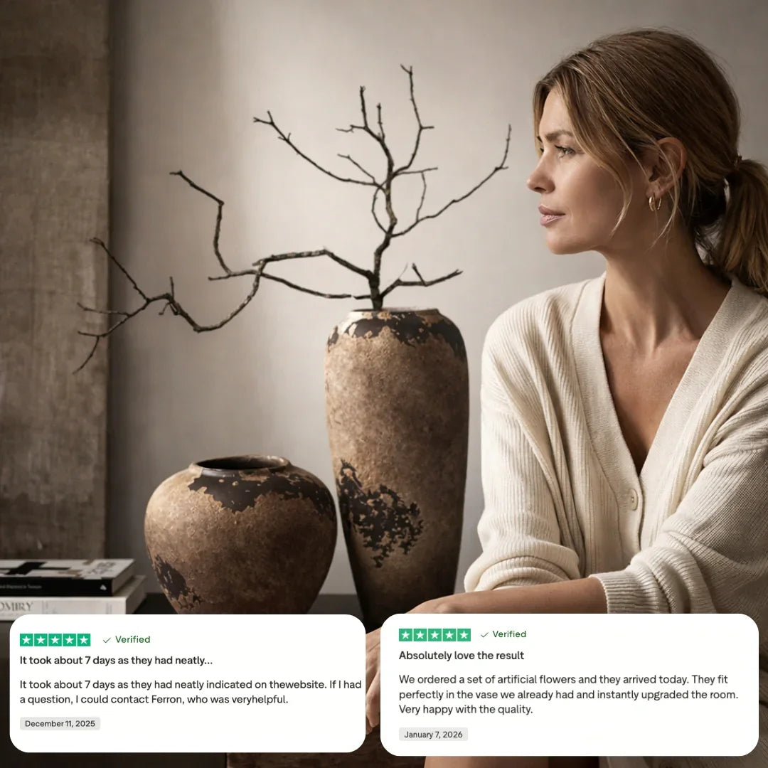 Woman sitting beside rustic ceramic vases with branches and customer review highlights.