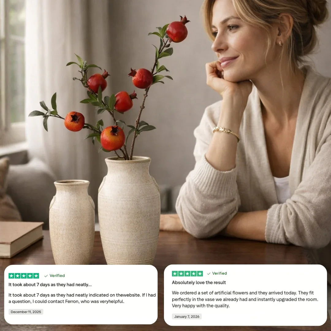 Woman smiling at ceramic vase with artificial pomegranate branches, home decor reviews visible.