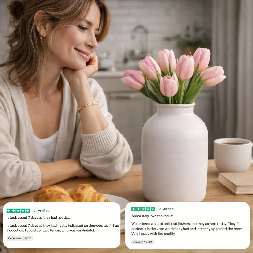 Woman admiring pink artificial tulips in white vase on kitchen table with customer reviews shown.