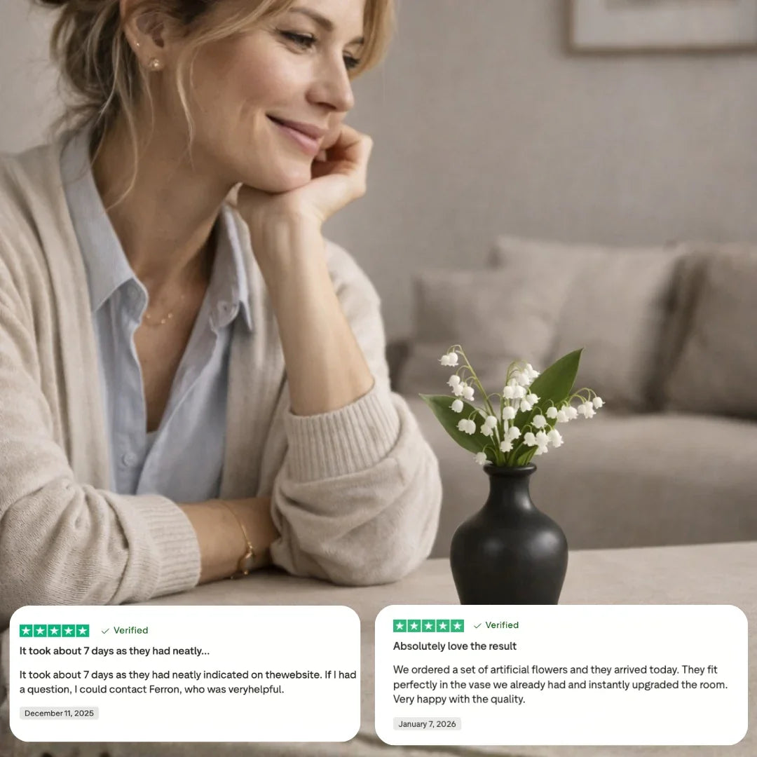 Smiling woman seated on sofa admiring artificial white flowers in a black vase with customer reviews displayed.