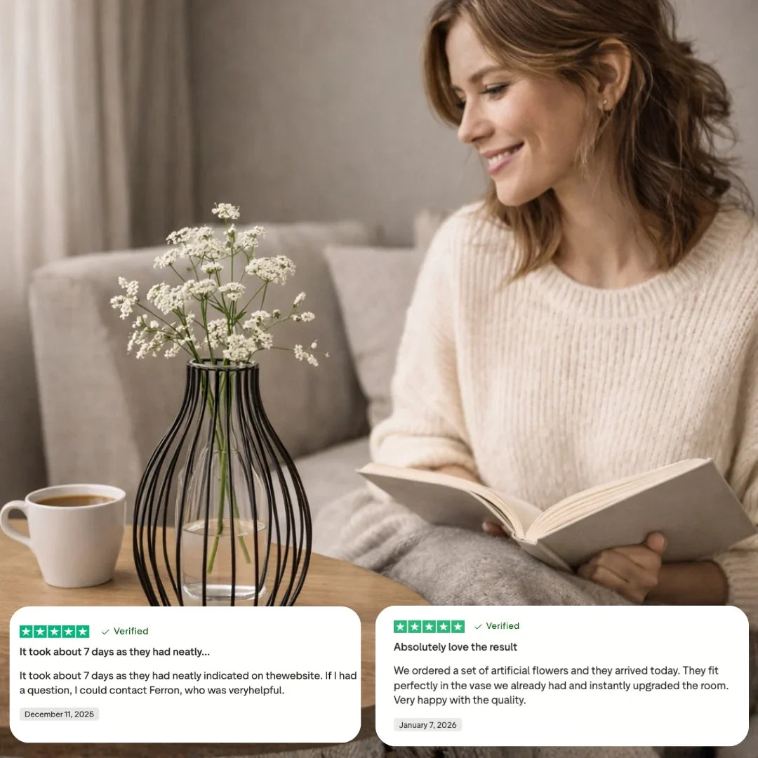 Woman reading on sofa next to artificial flowers in decorative vase, coffee cup, and customer reviews.