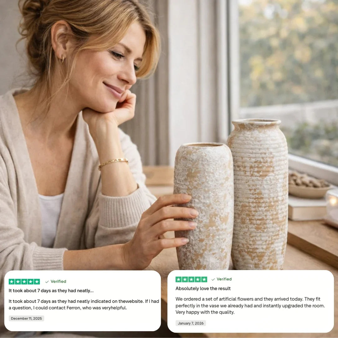 Woman smiling at decorative ceramic vases on table near window, with customer reviews overlayed.
