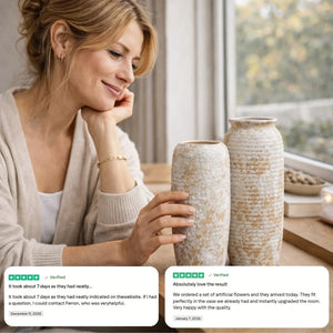 Woman smiling at decorative ceramic vases on table near window, with customer reviews overlayed.