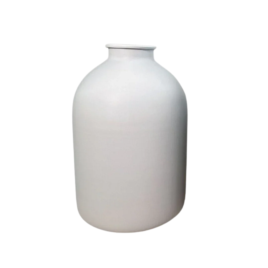 Large white ceramic vase with rounded body and narrow neck on transparent background