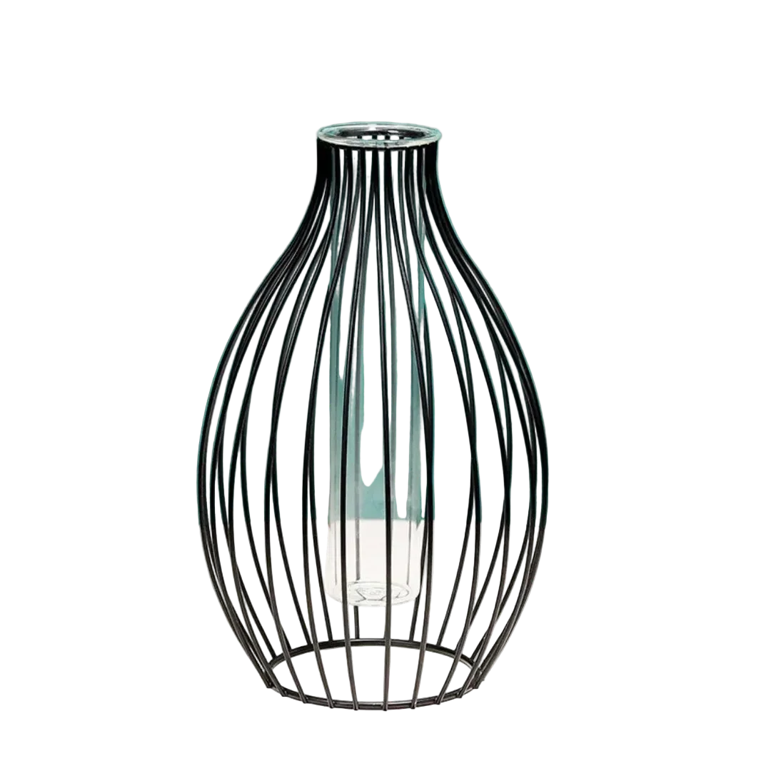 Modern black metal wireframe vase with a minimalist, curved design on a dark background