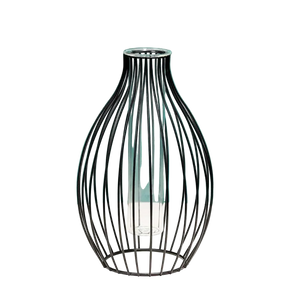 Modern black metal wireframe vase with a minimalist, curved design on a dark background