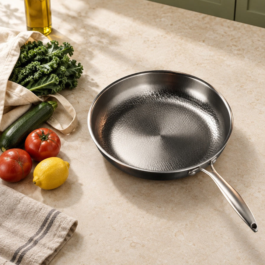 GONEST fry pan with a finely hammered titanium cooking surface beside fresh ingredients in a bright kitchen